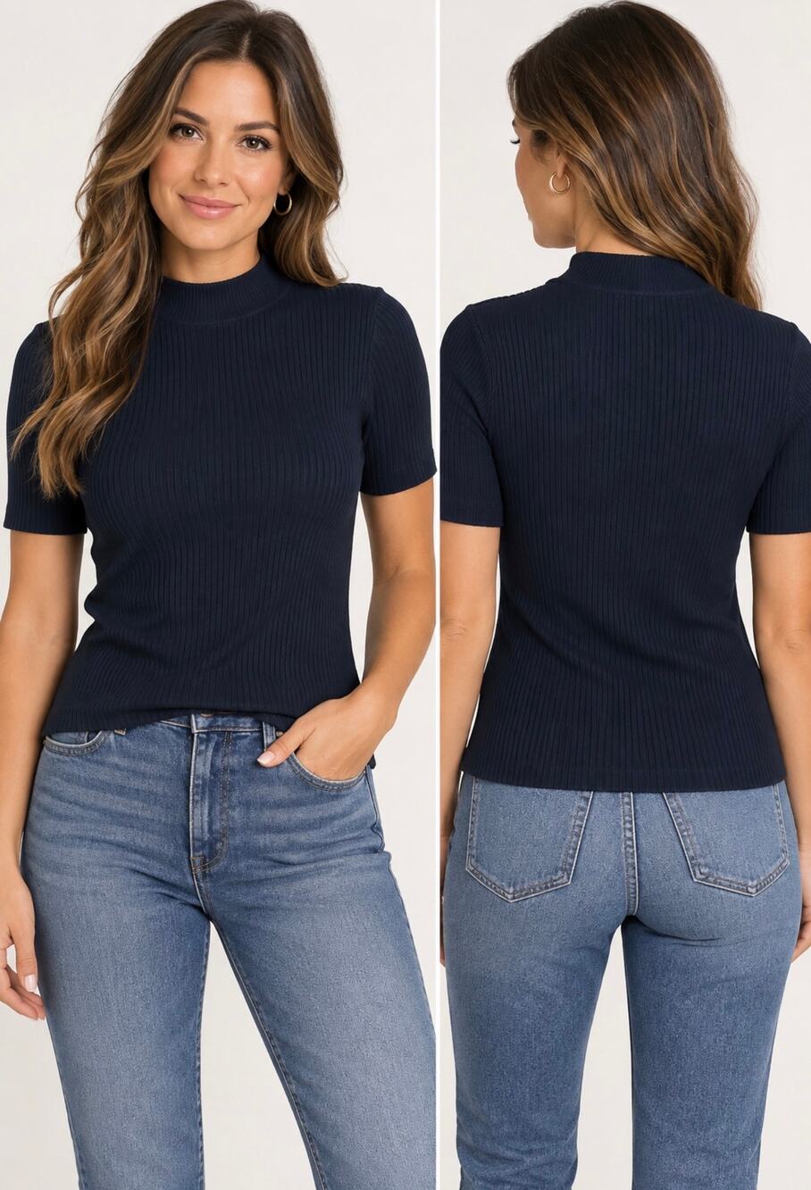 Sag Harbor Petite Black Ribbed Mock Neck Short Sleeve Sweater Top